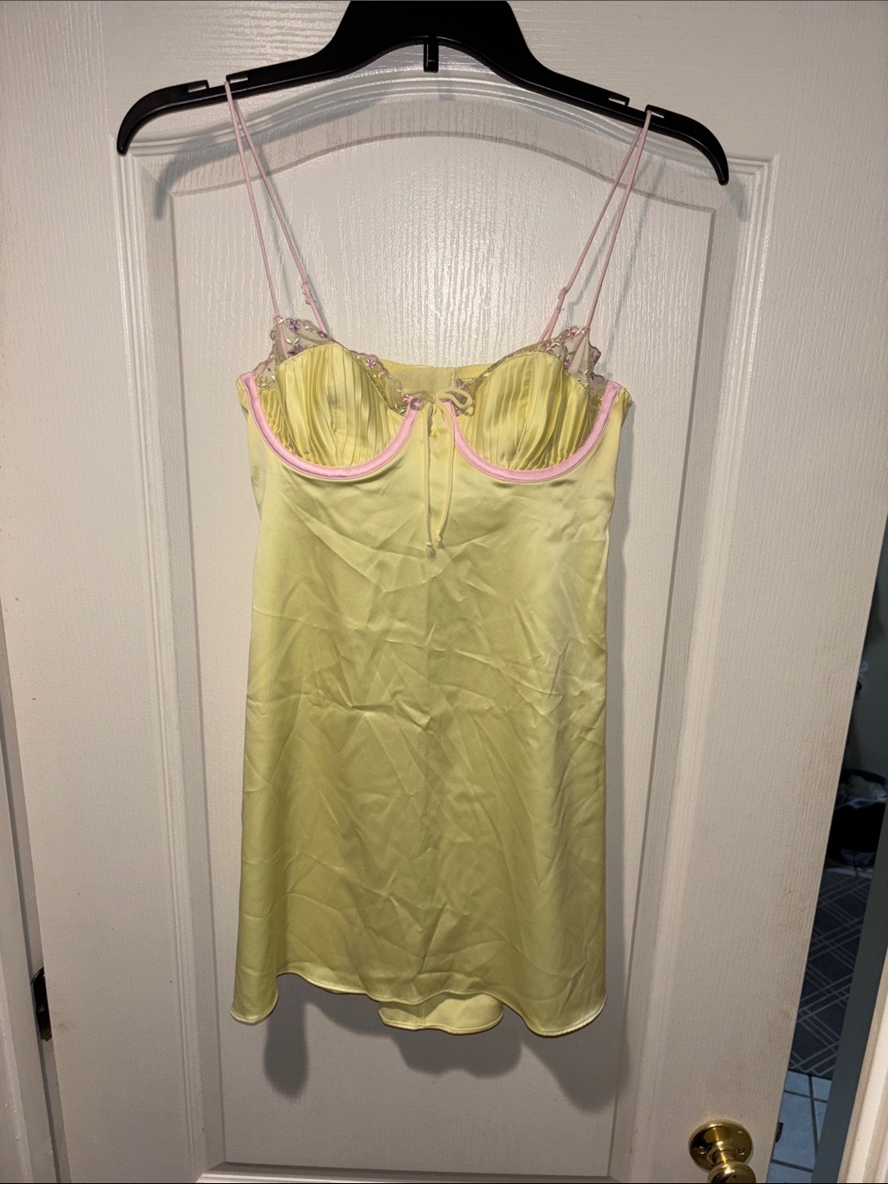 For Love And Lemons Yellow Satin baby doll with Pink Trim